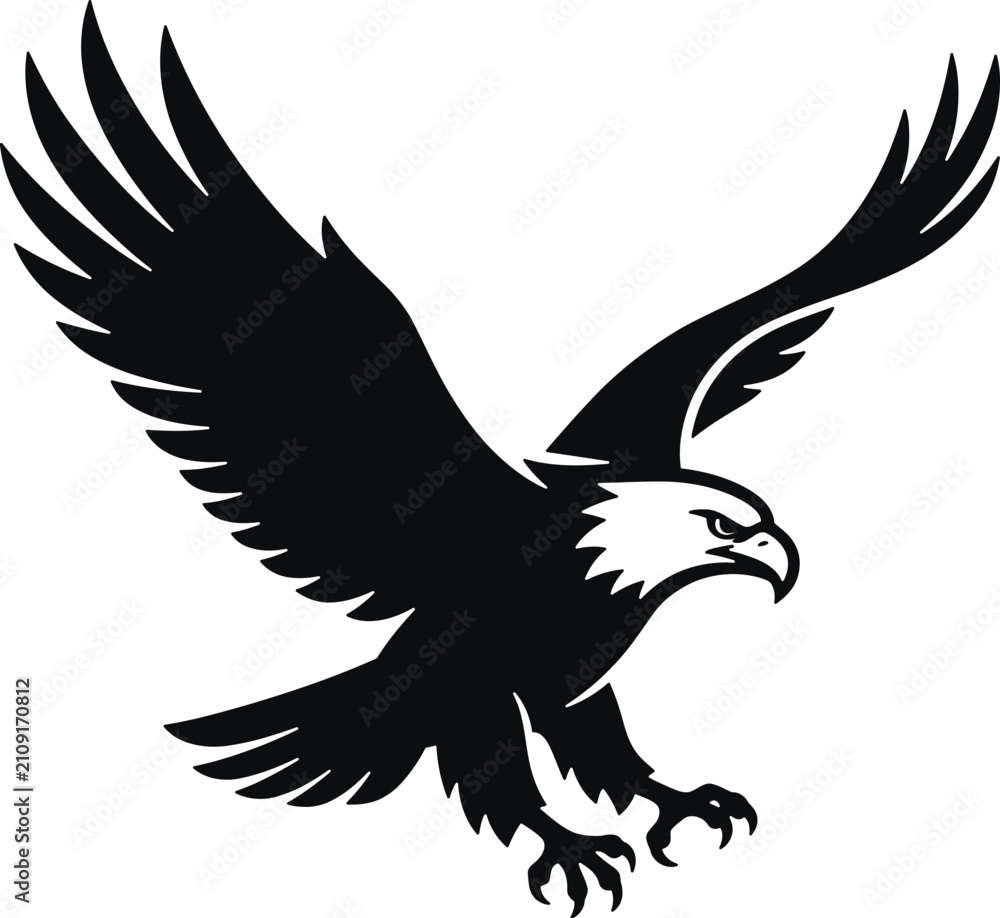 Fototapeta premium Majestic bald eagle vector, flying bird of prey silhouette, black eagle icon