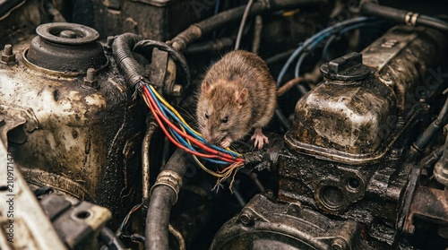 Rat chews through colorful car wiring harness in dirty engine bay, causing damage