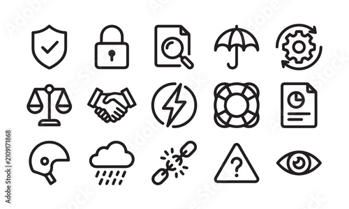 Set of 15 safety and risk management line icons on white background.