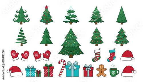 Foto Christmas holiday design elements set featuring decorated winter pine trees gift