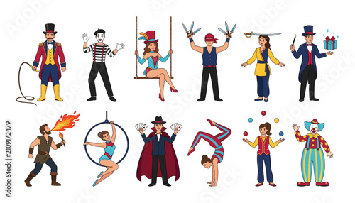 Quadro su tela Circus performers collection with ringmaster mime trapeze artist magician fire b