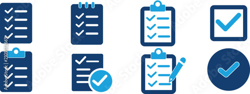 Checklist icon set showing clipboard, notepad, check mark, and task completion symbols in blue flat vector illustration for productivity and organization