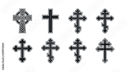 Christian cross icon set with celtic orthodox catholic and byzantine religious symbols for graphic design vector illustration isolated