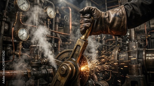 Industrial worker pulling brass lever in factory. Gloved hand operating metal machinery control with sparks flying. Skilled laborer managing heavy...