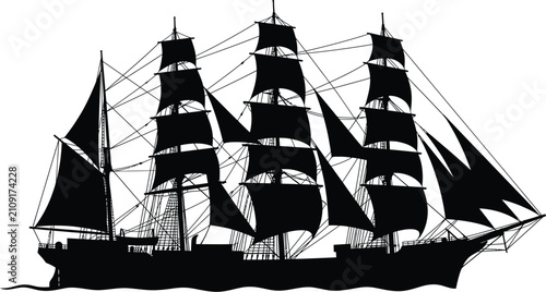 Bild auf Leinwand Vintage sailing ship silhouette, antique nautical clipper vessel vector, black t