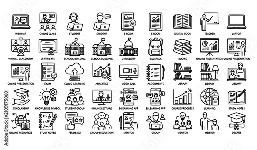 Cuadro en lienzo Distance Learning Outline Icon Collection with Online Education Webinar and Stud