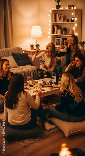 Group of friends having a cozy home gathering with drinks in a warmly lit living room