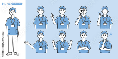 Bild auf Leinwand Male nurse character pose set with 8 upper body gestures and 1 full body standin