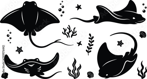 Tableau sur toile Cute Stingray Silhouette Vector Element Set featuring Manta Rays with Seaweed, C