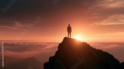 Lone Climber at Sunrise: A solitary figure stands silhouetted against a breathtaking sunrise atop a rugged mountain peak, enveloped in a sea of clouds.
