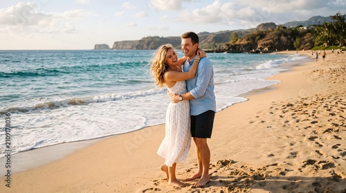 A happy, young couple is hugging and laughing on a sandy ocean shore, enjoying their vacation and the sunset. AI generated.