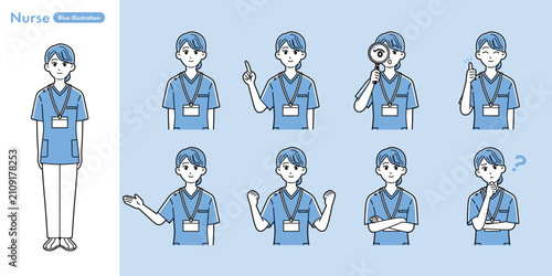 Foto Female nurse character pose set with 8 upper body gestures and 1 full body stand