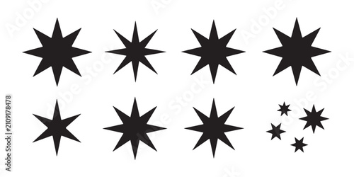 Black geometric star silhouettes with multiple sharp points for professional branding and logos.