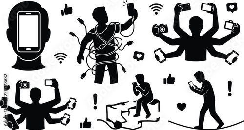 Obraz na płótnie Smartphone Addiction and Social Media Obsession Silhouette Vector Set featuring