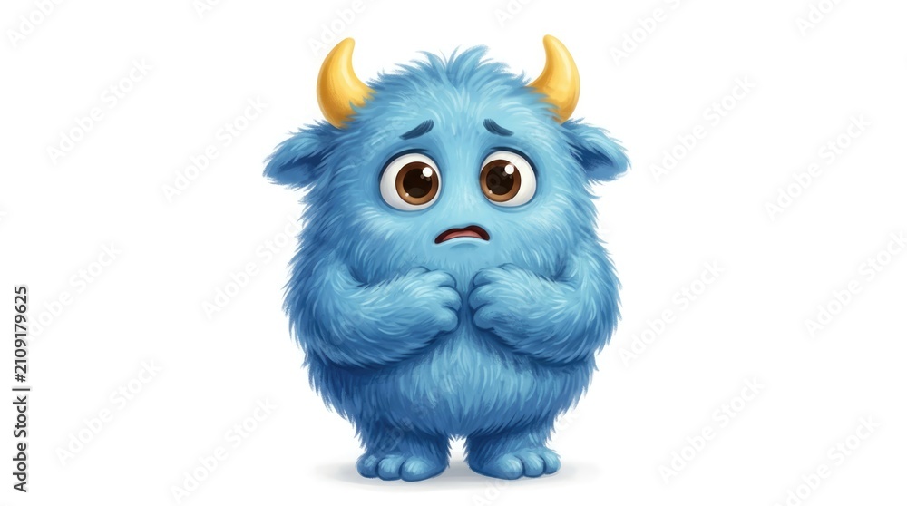 Fototapeta premium Sad fluffy blue monster with yellow horns isolated on white background
