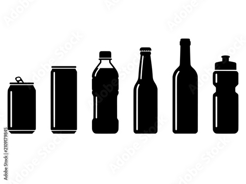 Bild auf Leinwand Minimalist beverage container silhouettes, black drink bottle and aluminum can i