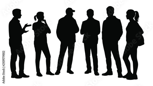 People group silhouette icon set, standing and talking together, community conversation, teamwork symbol, social interaction, vector design