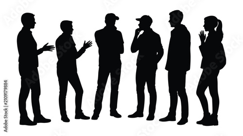 People group silhouette icon set, standing and talking together, community conversation, teamwork symbol, social interaction, vector design