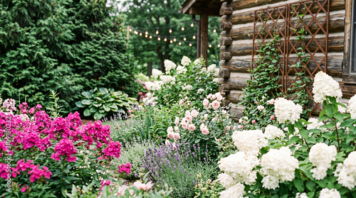 Φωτογραφία Lush rustic garden bed abloom with vibrant pink phlox white hydrangeas with lave