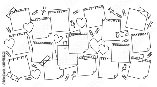 Fotografía Bulletin board with paper notes push pins paperclips hearts and adhesive tape doodle art