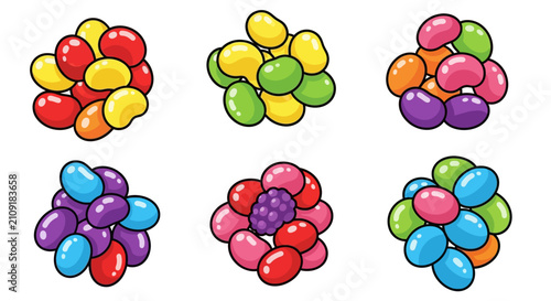 Flat vector illustration of office professionals working on laptops at a communal desk with floating digital icons, colorful geometric shapes, and a clean white background.