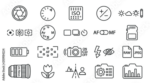 Icons representing camera settings and photography functions are organized in a structured visual grid.