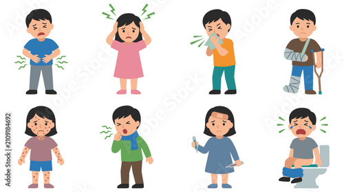 Photography Set of sick children characters with various symptoms of illness and medical conditions