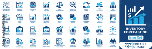 Inventory forecasting icon set. Containing demand planning, stock analysis, sales trend, warehouse, inventory report and more. Solid vector icons collection