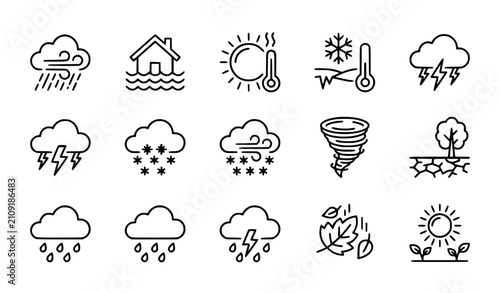 Weather alert and seasonal change thin line icon set editable stroke climate warning vector