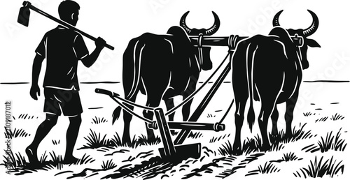 Tableau sur toile Farmer Plowing Field with Oxen Silhouette Vector Illustration Traditional Agricu