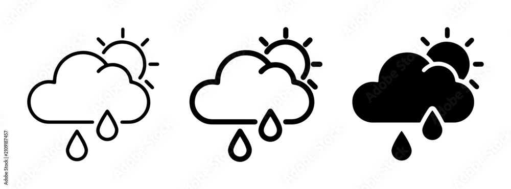 Obraz premium Rainy Weather Icons, Sun and Cloud Symbols, Rainfall Forecast Graphics, Set of 3 Weather Icons