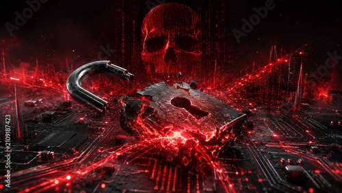 Cybersecurity Breach with Broken Padlock and Red Digital Warning Alert