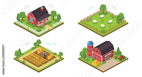 Obraz na plátně Isometric farm scenes depict a house pasture field and barn with a white backgro
