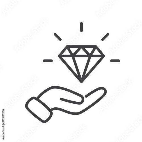 Outline jewel diamond on hand icon.