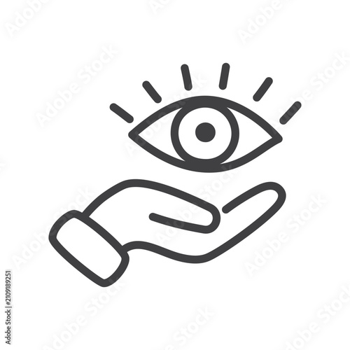 Outline eye on hand icon isolated.