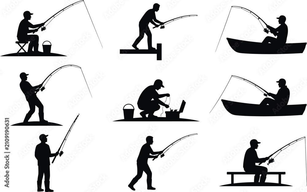 Fototapeta premium Fisherman Silhouettes Set with Fishing Rod Boat Pier and Tackle Box Vector Illustration