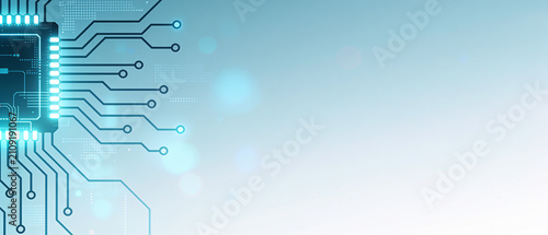 Futuristic microchip interface with glowing circuit lines and copy space