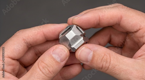 Close-up of hands holding a complex metallic geometric showcasing intricate engineering and precision, technology, science, or industrial concepts, with a shallow depth of