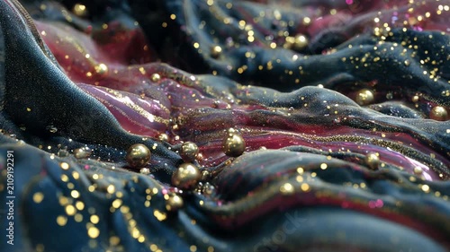 Luxurious abstract 3D background of iridescent red liquid waves with shimmering golden spheres and glittering metallic particles