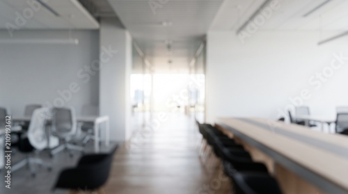 Minimal open office interior with long table and chairs, bright modern workspace with shallow depth and copy space