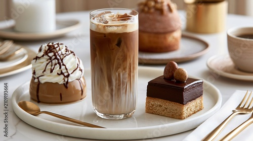 A luxury café menu-style flat lay showcasing iced coffee with artisan desserts and elegant tableware