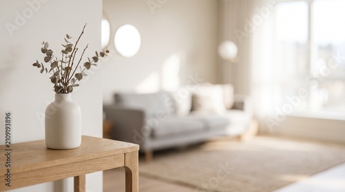  Minimal home office living room scene with vase on table and soft sunlight, cozy modern interior background