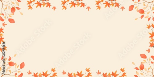 An elegant autumn-themed background featuring a decorative border of orange leaves and delicate botanical branches surrounding a large beige copy space