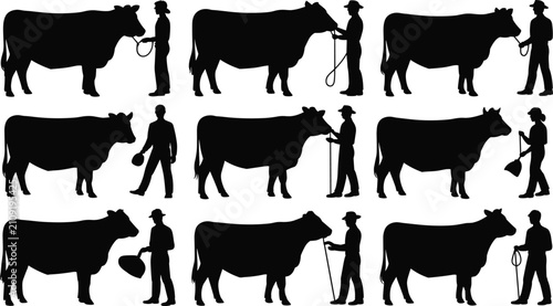 Konstfotografi Farmer Leading Cow Silhouette Collection, Livestock Handler Agriculture Ranch An