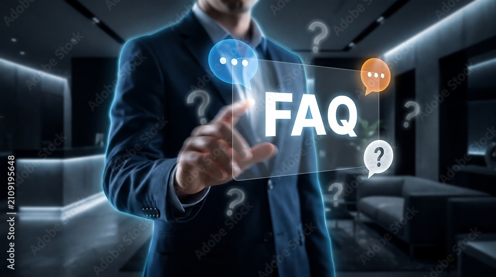 Obraz premium Professional businessman touching glowing FAQ holographic interface with speech bubbles and question marks in dark office environment representing customer help desk solutions