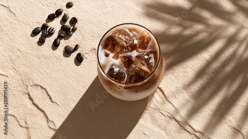 A modern commercial flat lay featuring iced coffee surrounded by large areas of negative space for advertising use