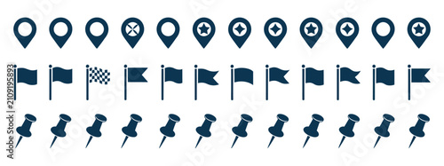 Map and location icon set, pins arrows flags navigation symbols, travel direction, GPS marker, vector illustration, transparent background