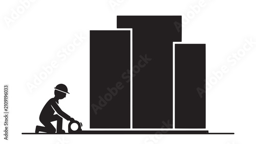 Construction worker lifting heavy cylindrical pipe beside city growth bar chart silhouette