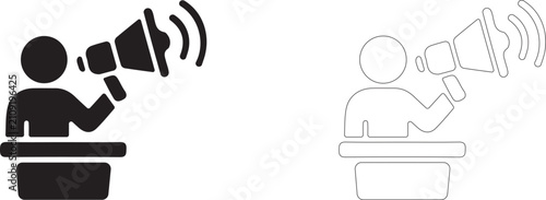 Obraz na plátne Speaker at podium with megaphone vector icon filled and outline, public speech and motivating presentation symbol