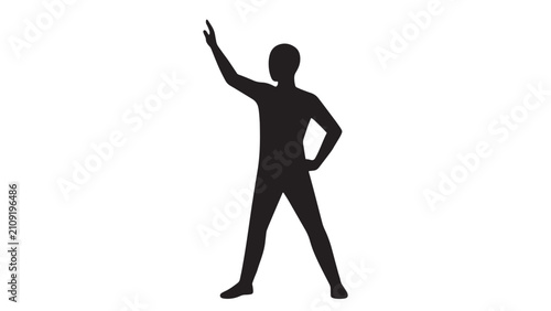 Confident person silhouette standing with raised arm in dynamic success pose on black background